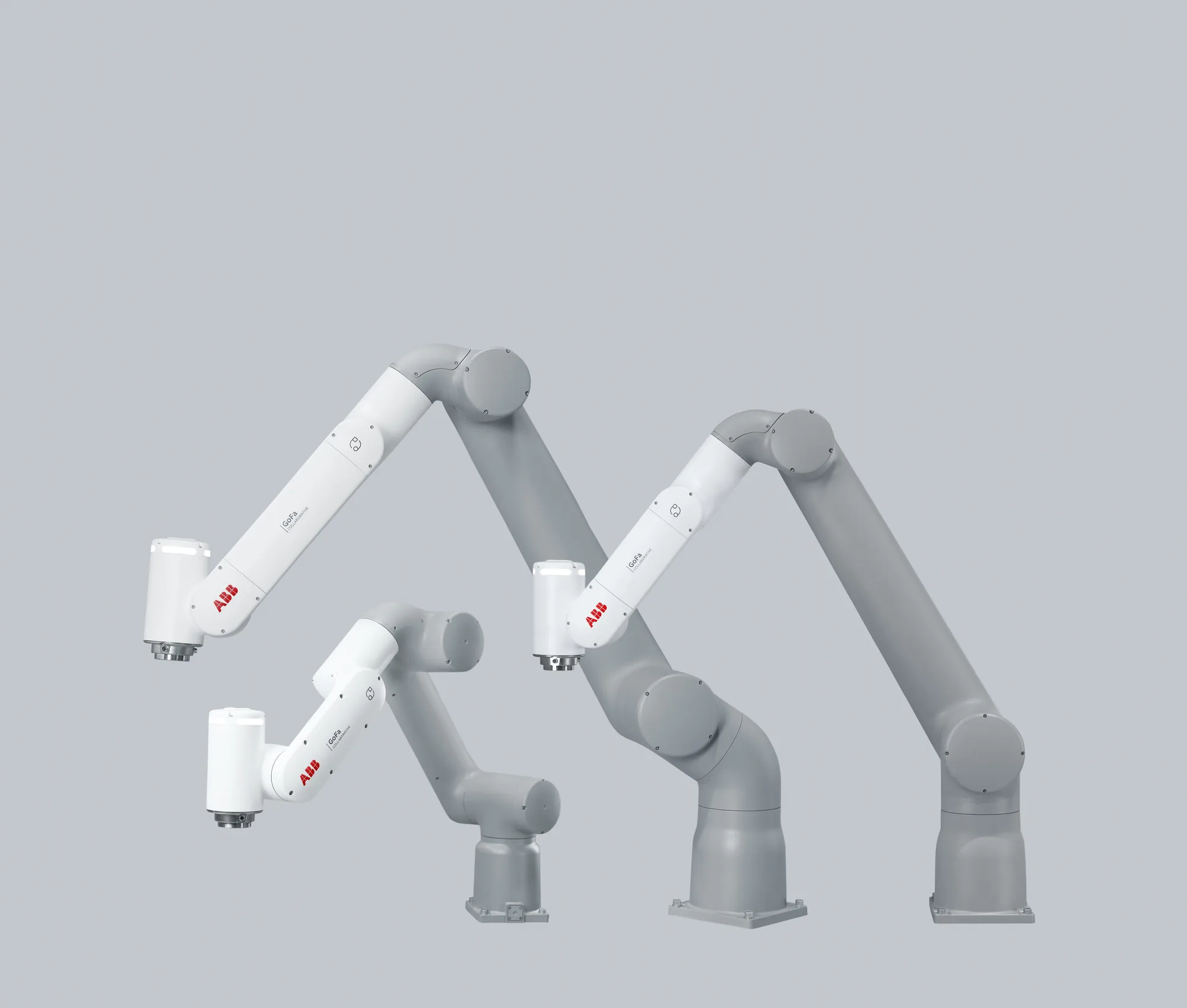Three ABB GoFa collaborative robot variants against a neutral background
